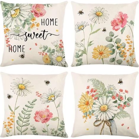 Housse De Coussin 45x45 cm Lot De 4 Taie d'oreiller Grand Fleurs en Lin avec Fermeture Éclair Décoratives Taie Oreiller De Canapé Housse De Coussin carré pour Lit Voiture Canapé (1/5)