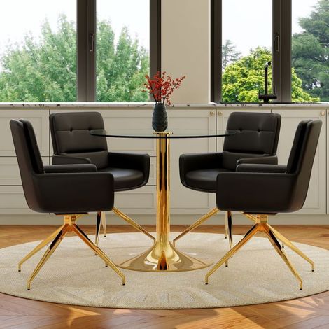 Table à manger ronde 85 cm, verre trempé, structure métal, 4 chaises pivotantes 360°, noir et doré, PU (1/5)