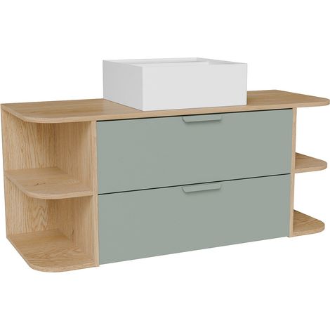 Meuble de salle de bain suspendu avec niches et vasque à poser carrée – Vert amande et naturel clair – L120 cm – AVORELI (1/4)