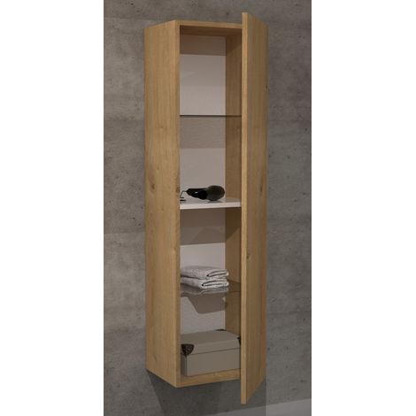 Sanijura – Colonne de salle de bain chêne arlington – H147 x l40 x P34 cm – 1 étagère fixe + 2 rayons en verre – Ouverture réversible (1/5)