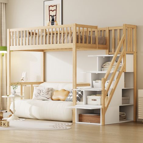 Lit mezzanine 90x200cm en bois massif - avec escalier de rangement - Naturel (1/5)