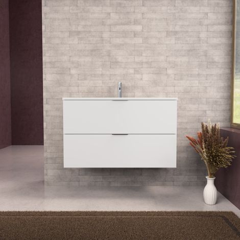 Inda - Badezimmerschrank B.100 mit mattiertem Waschbecken / Mattweiß 2 Schubladen - Topazio