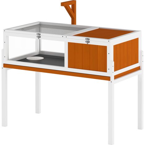 Enclos en bois pour tortues avec maison principale, fenêtre d’observation et couvercle – 104 x 53 x 82 cm – Blanc et orange (1/5)