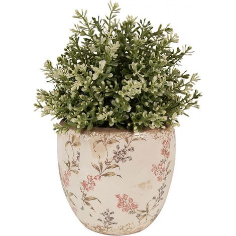 Pot de fleurs beige et rose en céramique motif fleurs 14x14 cm