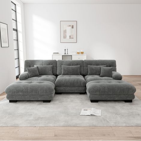 Divano modulare a U grigio in chenille con ottomane mobili e seduta profonda (1/5)