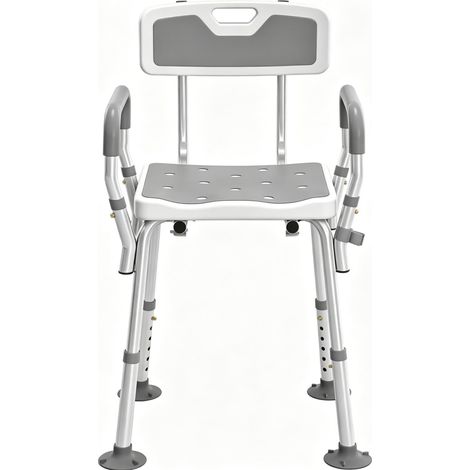Silla de ducha ergonómica de aluminio con altura ajustable, respaldo y patas antideslizantes (1/5)