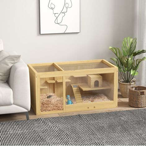 Gabbia per criceto in legno 100 x 50 x 50 cm con vassoio estraibile e tetto apribile naturale HAVRYA (1/5)