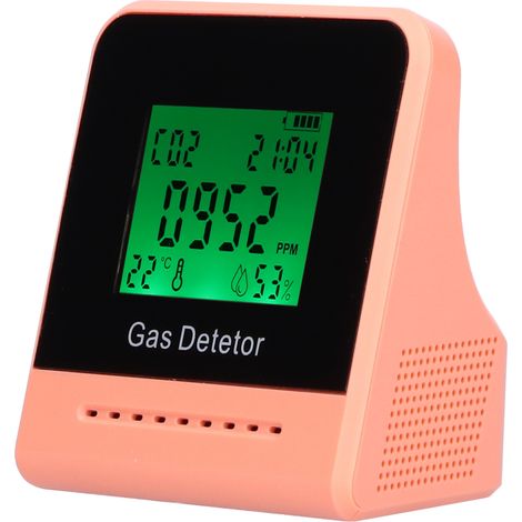 Détecteur de qualité de l'air 400-5000 ppm CO, moniteur de température et d'humidité avec horloge et chargement USB (rose)