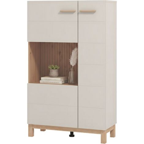 Vitrine Mezzago, Ausstellschrank mit 2 Böden, Drehtüröffnung, 2 Türen, 77x35x128h cm, Beige