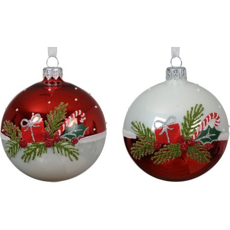 Palline per albero di Natale in vetro decorate rosso e bianco con vischio, 6 pezzi