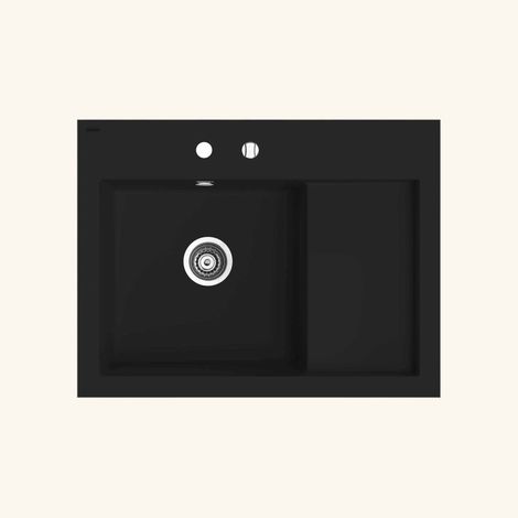 Kümbad – Évier à poser en granit noir 80x61 cm – 1 bac avec égouttoir droite – Vidage automatique inclus – Pour meuble sous évier 80 cm