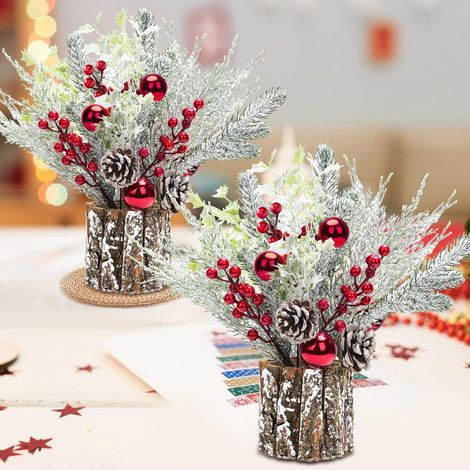 Set mit 2 Weihnachtstischdekorationen – Kleine Topf-Weihnachtsbäume (ca. 36 cm) mit Lichterkette, Tannenzapfen und Beeren – Künstliche Weihnachtspflanzen für Tisch und Wohndekoration (1/5)