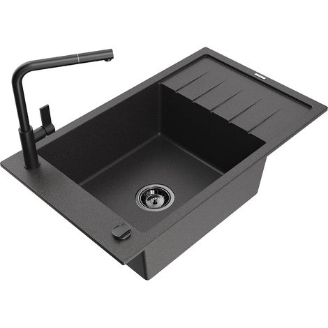 Mexen Elias Granit-Spülbecken mit 1 Becken, Abtropffläche und Küchenarmatur Flora, schwarz gesprenkelt - 6511-76-670401-70-B (1/5)