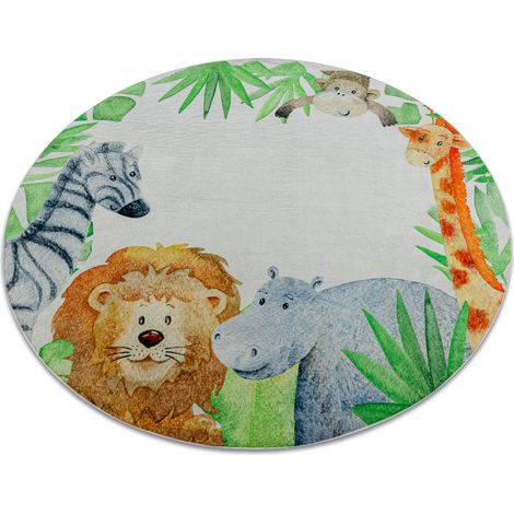 BAMBINO 54090 rund Waschteppich Tiere, Afrika für Kinder Anti-Rutsch - weiß / grün multicolour rund 100 cm