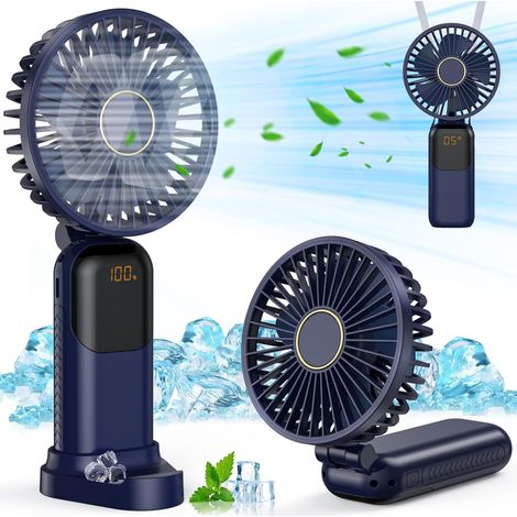Mini Ventilateur Portable, USB Ventilateur Rechargeable, Petit Ventilateur de Poche 5 Vitesses Avec Base, Silencieux Ventilateur à Main Pliable Pour Bureau, Extérieur(Bleu)