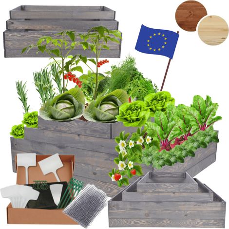 MODO24 ZP09 Carré potager surélevé en escalier modulable, bois de pin, herbes/légumes, jardin/terrasse/balcon, 45x117x100 cm, gris