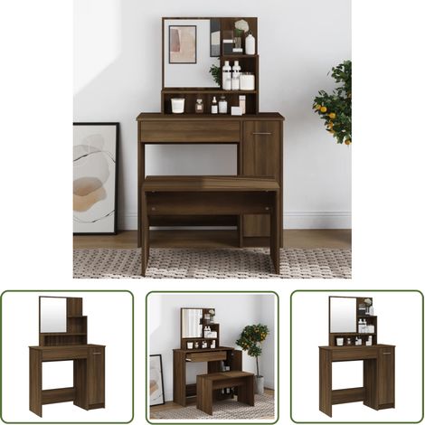 The Living Store Coiffeuse avec miroir Chêne marron 86,5x35x136 cm - Coiffeuse - Meuble De Salle De Bain - Table De Maquillage - Vanity - Commode (1/5)