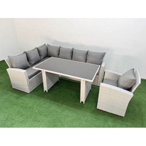 Fimous 7 Seater Wicker Rattan Corner Sofa Sets Outdoor Garden Furniture Sets with Rectangular Dining Table Lounge Sofa Armchair Light Grey (1/5)