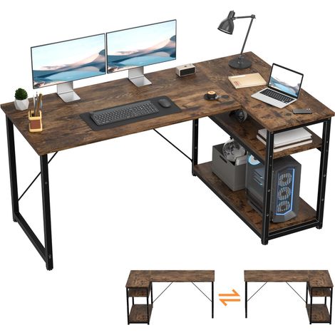 Bureau d'angle L 160x80x75cm avec 3 Etagères Réversible, Marron (1/5)