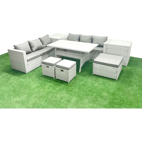 Fimous Rattan Gartenmöbel-Set 9 Sitzer mit Esstisch 2 Beistelltischen 3 Fußhockern Hellgrau gemischt (1/5)