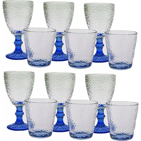 Set 12 Bicchieri 6 acqua 6 vino calici con piede in Vetro trasparente blu da tavola Eleganti Stile Raffinatezza in casa per Ogni Tavola e Occasione bar hotel ristorante