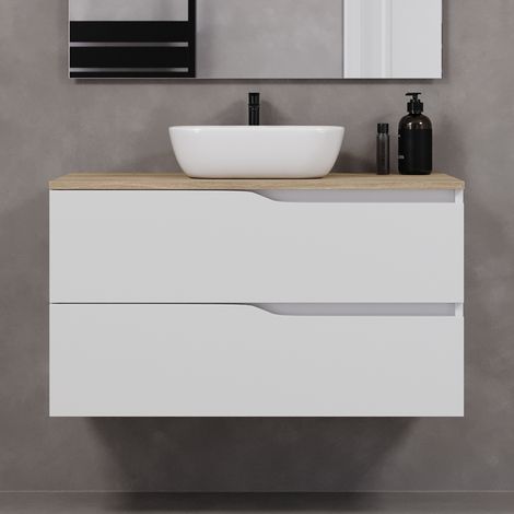 Meuble de salle de bain 100cm avec plateau miel et vasque à poser zeus - 2 tiroirs - sans miroir - blanc - LUNA (1/5)