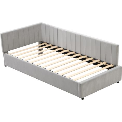 Cama diván gris 90 x 200 cm con somier de láminas de terciopelo (1/5)