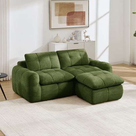 Canapé d’angle modulable 2 places avec pouf, canapé en L en chenille avec assise épaisse et modules séparables pour salon Vert, 194 x 160 x 68 cm (1/5)