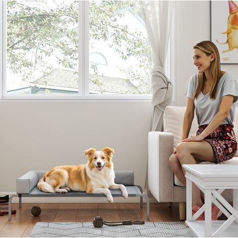 Lettino rialzato per cani di taglia media, rete in poliestere, 110x75x30 cm, grigio chiaro, OKWISH (1/5)