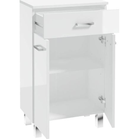 Meuble sous vasque simple 50x30x85cm – Blanc brillant – 1 tiroir et 2 étagères – Accès pratique avec portes à double charnière (1/5)