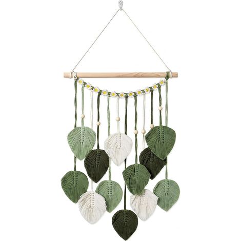 Tenture Murale en Macramé Feuilles, Tapisserie Murale Tissée à la Main en Coton, Décoration Murale Bohème Chic pour Salon, Chambre à Coucher, Entrée et Appartement -65 × 40 cm (Vert) (1/5)