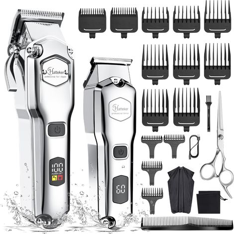 Tondeuse cheveux professionnelle Tondeuse barbe et cheveux homme Tondeuse avec ciseaux Kit sans fil T-lame amovible Tondeuse à cheveux longs imperméable (argent) (1/5)