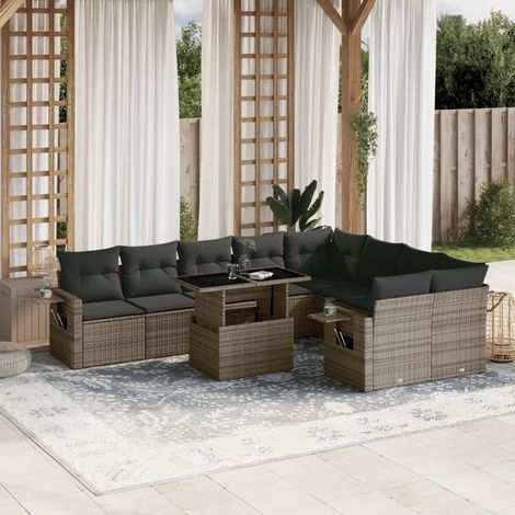 Canapé de Jardin Gris Résine Tressée avec Table et Coussins Ensemble 10 Pièces Modulable Extérieur Terrasse Patio (1/5)