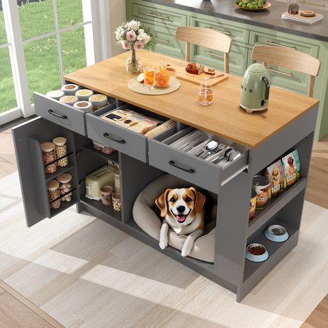 Isla de cocina 120/60/90 cm en natural y gris con 3 cajones, especiero y espacio para mascota (1/5)