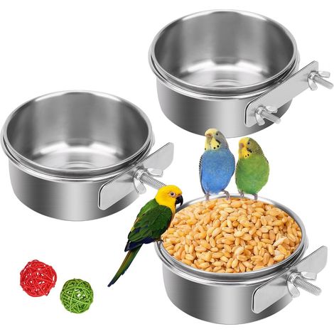 Lot de 3 Gamelles Acier Inoxydable, Support Serrage, Bol Nourriture, Oiseaux Perroquets, Petit Animal (1/5)