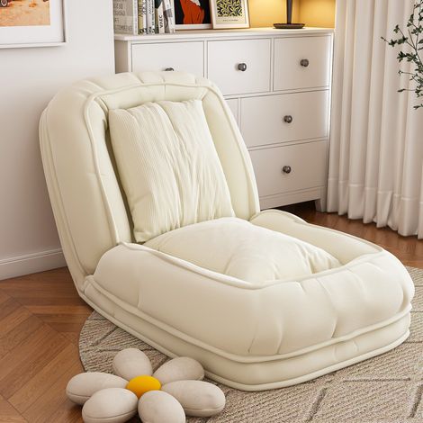 Sofá cama plegable ergonómico, reclinable 5 posiciones, con 2 cojines, tejido de cordón, blanco roto (1/5)