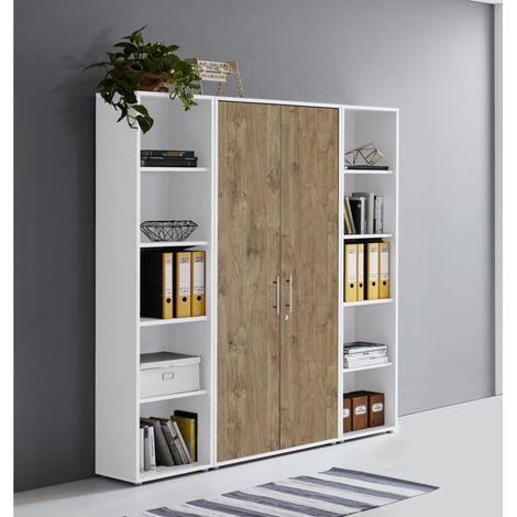 BMG Möbel abschließbare Regalwand/Schrankwand, Office Edition Set 3, weiß / Gold Harbor Oak (1/5)