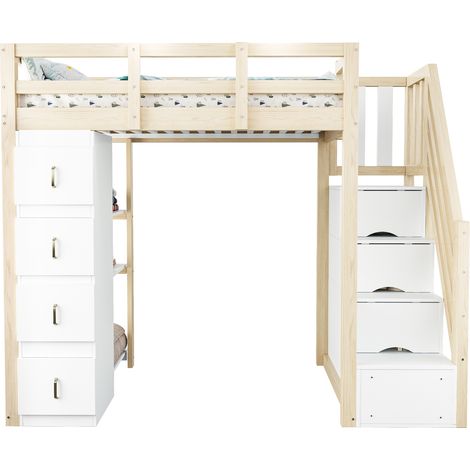 Lit Mezzanine 90 x 200 cm avec Tiroirs de Rangement Étagère et Échelle Bois Naturel (1/5)