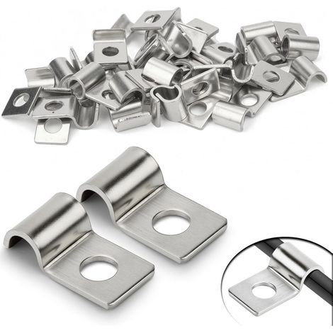 Lot de 30 attaches en treillis métallique rigide de 6 mm, en acier inoxydable, pince en U, trou unique, fixation murale, treillis métallique rigide pour câbles de 5 à 6 mm de diamètre, installation de (1/4)