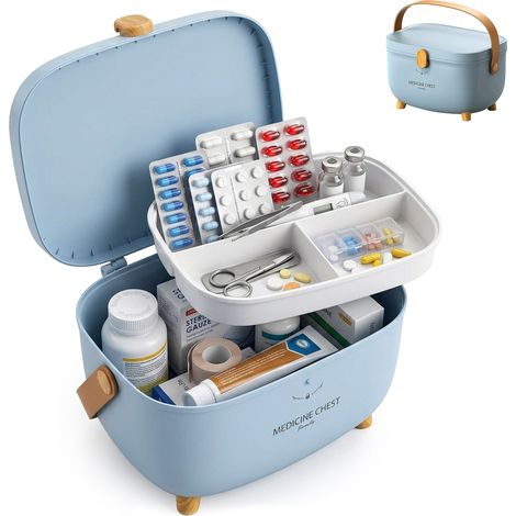 Relaxdays Medicine Box, 4 compartments, removable insert, first aid, plastic, handle, HxWxD: 18 x 28 x 20 cm, blue