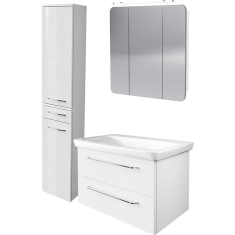 Fackelmann MILANO Badmöbel Set 4-teilig, 80 cm, Weiß, Keramik, LED-Spiegelschrank + Hochschrank"-"90291145 (1/3)
