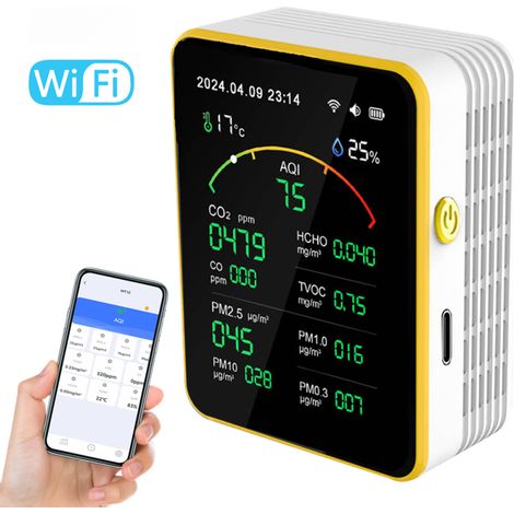 Tuya WiFi 15-in-1 Luftqualitätsdetektor, misst AQI, CO, CO2, TVOC, HCHO, Temperatur, Luftfeuchtigkeit, TFT-Bildschirm, Uhrfunktion (tragbar)