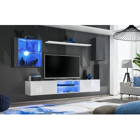 Ensemble meuble TV mural Switch XXIII - L 250 x P 40 x H 140 cm - Blanc et gris - Livraison gratuite