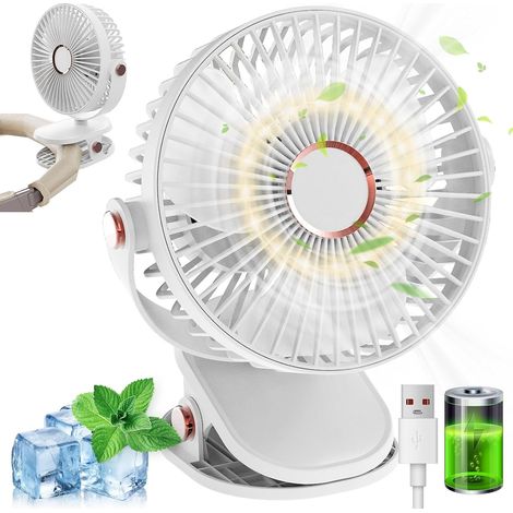 2400mAh (Blanc) Ventilateur Pince Petit Ventilateur de Bureau, Mini Ventilateur USB Silencieux, 5 Vitesses Rotation 720°, Ventilateur Portable Rechargeable pour Bureau Maison Camping