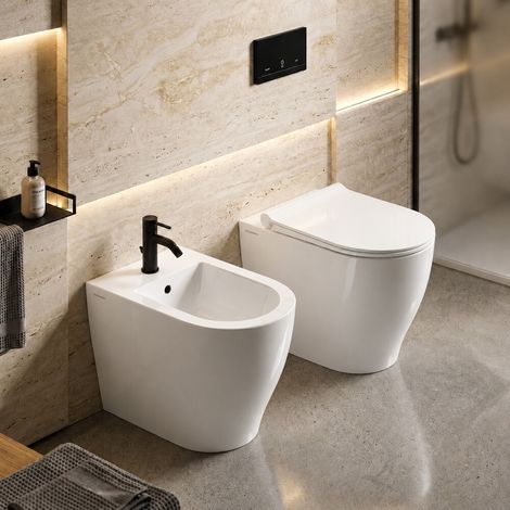 Set sanitari filomuro salvaspazio P. 50 cm bianco con scarico a vortice e copriwc Round Dolomite (1/5)