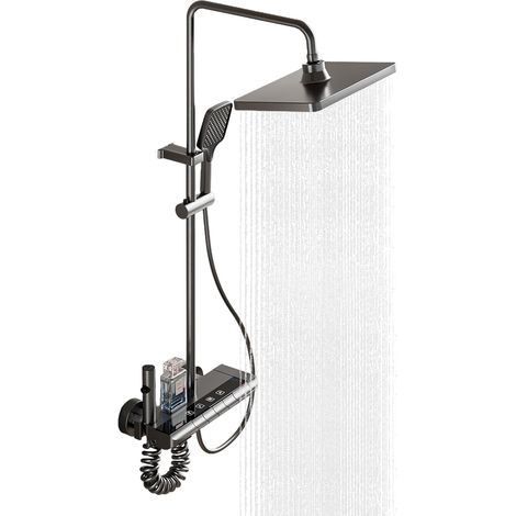 Kit de Robinet de Douche avec Colonne de Douche et Piano Garniture de Douche Thermostatique Pour Salle de Bain avec Colonne Réglable 85-145cm, 4 Modes de Débit d’Eau, Gris Brossé (1/5)