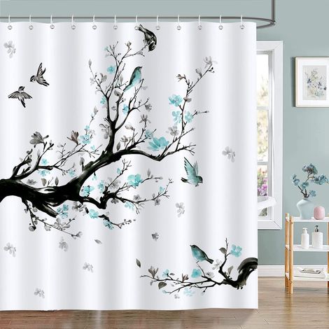 1 rideau de douche, motif fleur bleue et oiseau, tissu polyester imperméable, 180x180 cm, avec 12 crochets, pour salle de bain (1/5)