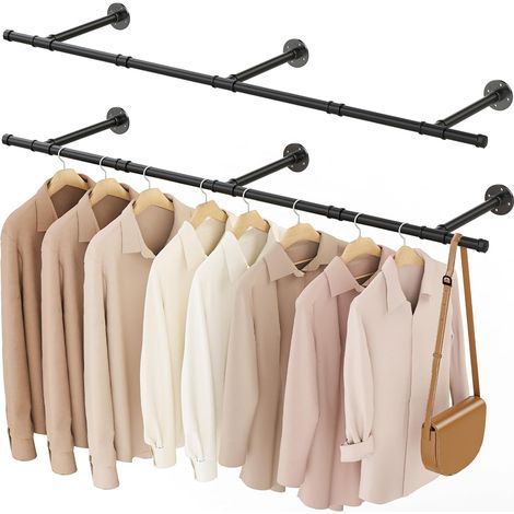 Tringle a Vetement Industriel, Penderie Murale 150cm, Portant à Vêtement, Portemanteaux Muraux, pour Salon, Chambre, Gain de Place, Montage Facile, Robuste et Durable, Beige, 2er Set (1/5)
