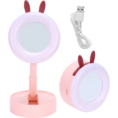 Miroir de maquillage LED portable pour enfants fille rose, lampe miroir cartoon de bureau design mignon