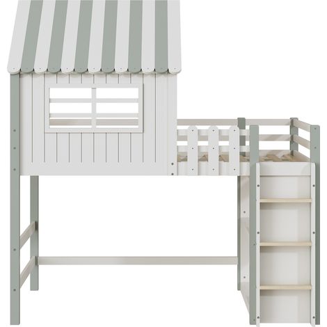 Cama litera infantil 90x200 cm de madera verde con escalera de seguridad y espacio de almacenaje (1/5)